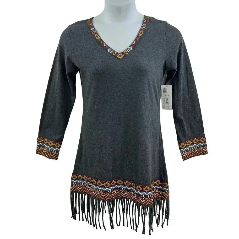 Scully NWT Women Dress S Gray Aztec Tribal Fringe Trim Sheath Long Sleeve Native
